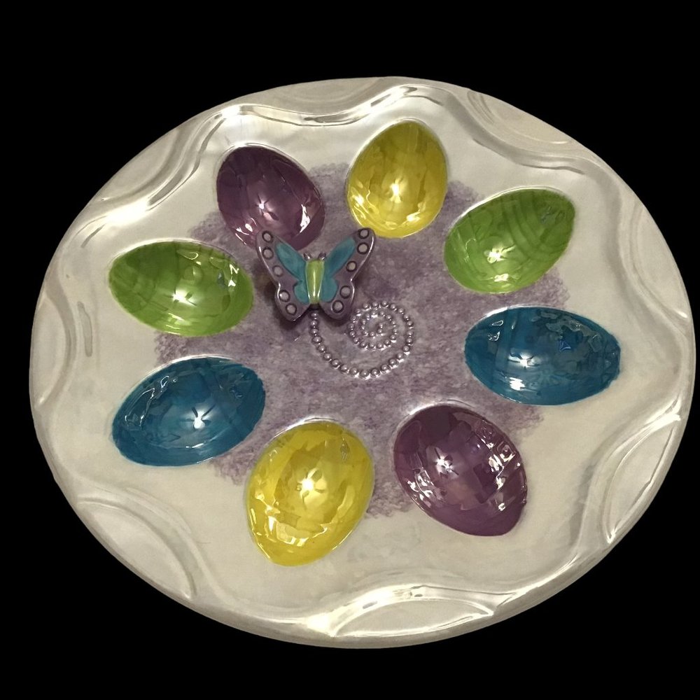Lusterware Deviled Egg Easter Egg Plate Applied Butterfly Colorful Dish Ceramic - Picture 2 of 4
